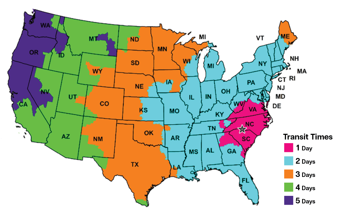 Transit time map for parcel deliveries from Monroe, North Carolina